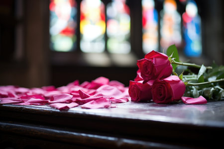 close-up of rose petals on a churchs altar, created with generative aiの素材