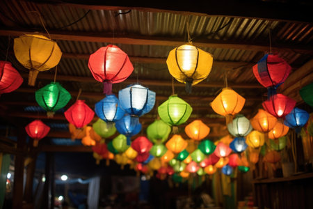 paper lanterns hung for diwali, created with generative aiの素材