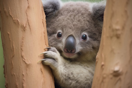 koala bear clinging onto a eucalyptus tree, created with generative aiの素材