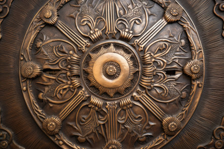 detail of intricate designs on a worn buddhist mandala, created with generative aiの素材