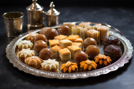 an array of arabic sweets on a silver tray, created with generative aiの素材