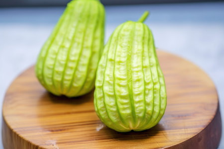 close-up of bitter gourd on a board, created with generative aiの素材
