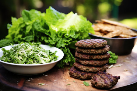 a pile of green salad next to a stack of greasy burgers, created with generative aiの素材