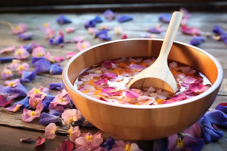 a bowl of floral petal bath with essential oils and a wooden ladle, created with generative aiの素材