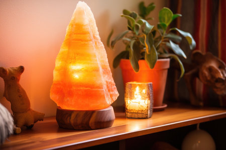 salt lamp turned on in a relaxing room, created with generative aiの素材
