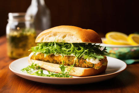 fish sandwich on a plate, for lent, created with generative aiの素材