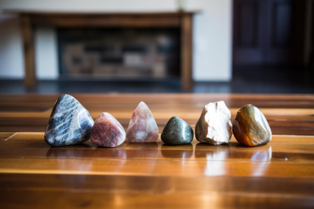 a few polished meditation stones artfully arranged on a wooden table, created with generative aiの素材