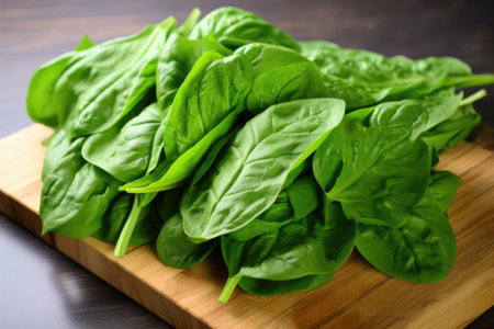 close up shot of green leafy vegetables on a board, created with generative aiの素材