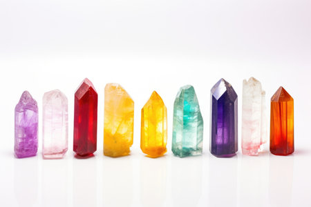 a line of healing crystals on a white background, created with generative aiの素材