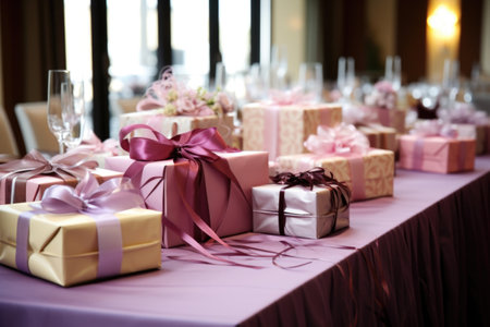a gift table adorned with presents at a wedding reception, created with generative aiの素材