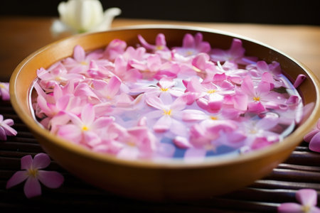 a bowl of water with floating lotus flowers, created with generative aiの素材