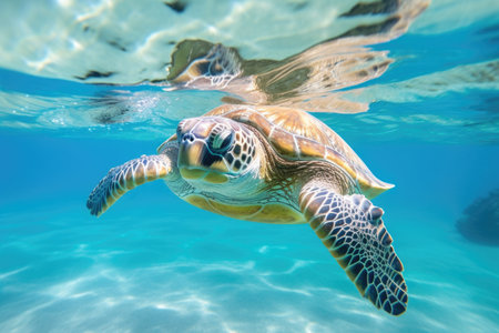 close-up of a sea turtle swimming in clear, clean ocean water, created with generative aiの素材