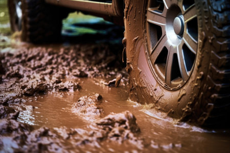 close-up shot of off-road tires covered in mud, created with generative aiの素材