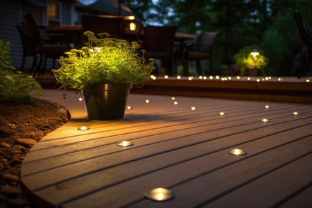 ground-level deck lights embedded in wooden boards, created with generative aiの素材