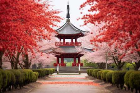 a red pagoda surrounded by cherry blossom trees, created with generative aiの素材