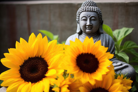 sunflowers next to a stone religious sculpture, created with generative aiの素材