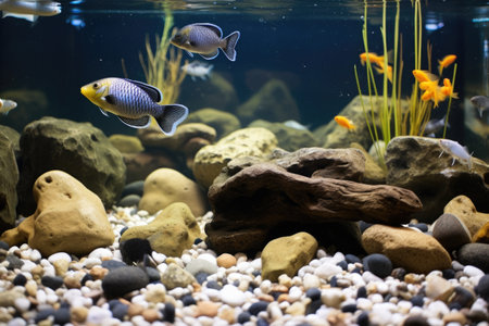 aquarium fish swimming among soft, rounded pebbles, created with generative aiの素材
