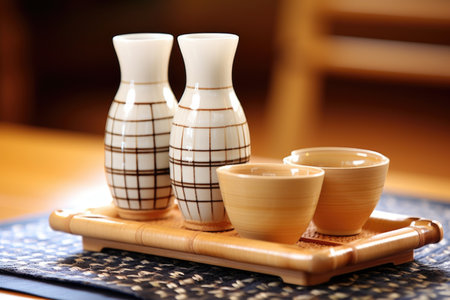 japanese sake set on a bamboo mat, created with generative aiの素材