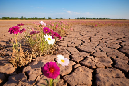 parched soil in a blooming field, created with generative aiの素材