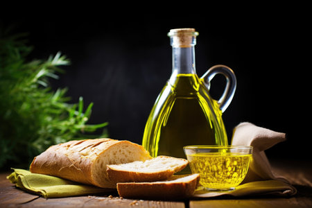 olive oil bottle near a slice of bread, created with generative aiの素材