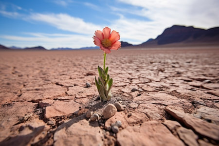 a single blossoming flower in the middle of a desert, created with generative aiの素材