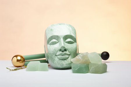 a face mask on a jade roller on a pastel background, created with generative aiの素材