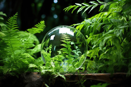 glass globe surrounded by green leaves, created with generative aiの素材