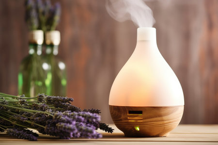 an aromatherapy diffuser emitting a lavender scent in a cozy spa setting, created with generative aiの素材