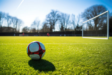 football on grass with goal posts in the background, created with generative aiの素材