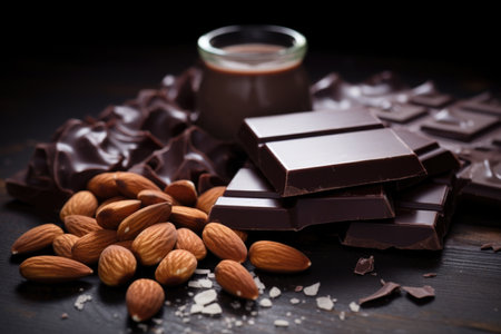 dark chocolate pieces next to almonds, created with generative aiの素材