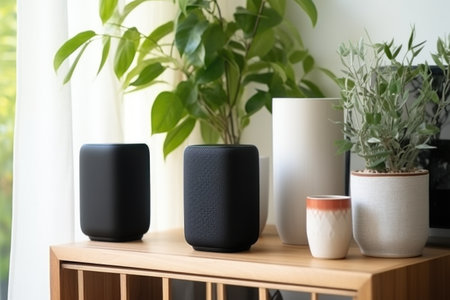 compact smart speakers in various corners of a mock-up home, created with generative aiの素材