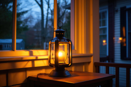 a warmly lit lantern near a window as dusk falls, created with generative aiの素材