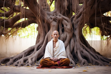a theravada monk meditating peacefully under a bodhi tree, created with generative aiの素材