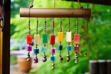 feng shui wind chime hanging from a rustic wooden beam, created with generative aiの素材