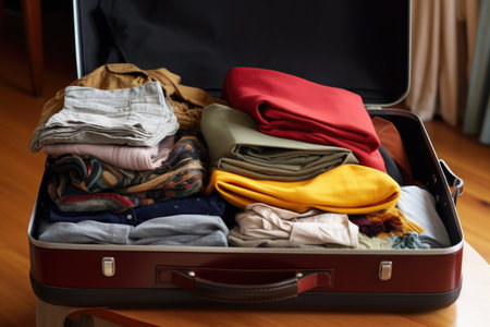 folded clothes near an open, half-packed suitcase, created with generative aiの素材