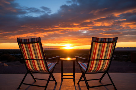 two patio chairs overlooking a sunrise, created with generative aiの素材