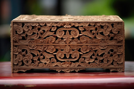 close shot of a carved wooden box housing a tripitaka, created with generative aiの素材