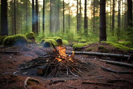 an unattended campfire smoldering in a forest clearing, created with generative aiの素材
