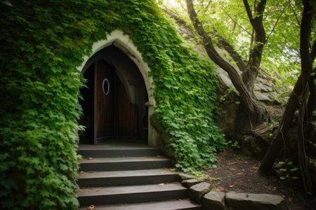 underground church entrance guarded by shrubbery, created with generative aiの素材