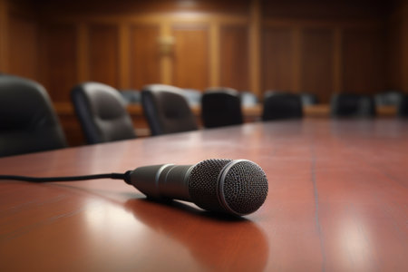 a turned-off microphone on a meeting room table, created with generative aiの素材