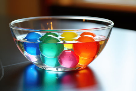 a bowl of water with floating balls for vision coordination, created with generative aiの素材