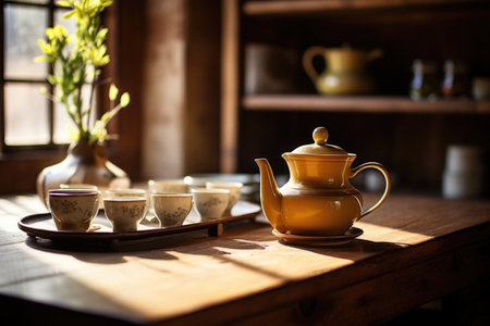 a tea set on a wooden table in a well-lit room, created with generative aiの素材