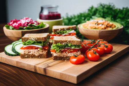 healthy sandwiches with whole grain bread and vegetables, created with generative aiの素材