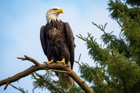 a bald eagle perched on a tall tree, created with generative aiの素材