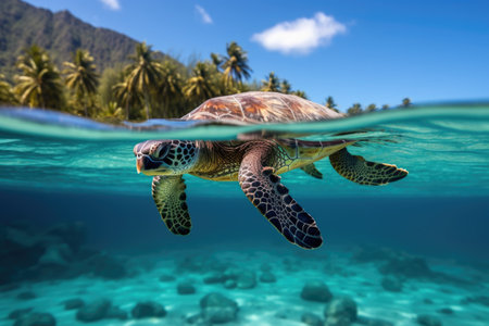 a turtle swimming under clear ocean water, created with generative aiの素材