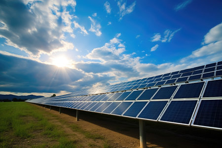 rows of solar panels tracking the sun, created with generative aiの素材