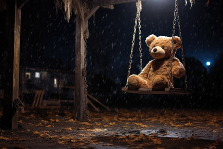 teddy bear on a swing in a deserted night playground, created with generative aiの素材