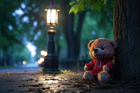 toy bear in front of a park statue, street light glow, created with generative aiの素材