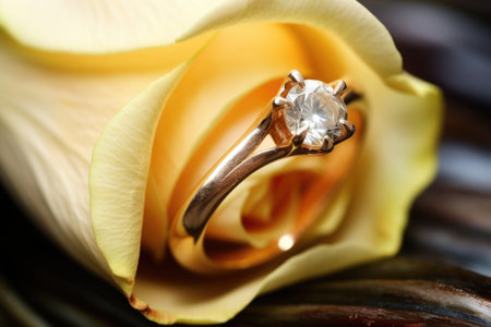 rustic gold wedding rings on a dew-kissed tulip bud, created with generative aiの素材
