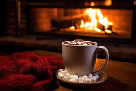 hot chocolate beside a fireplace, no flames visible, created with generative aiの素材